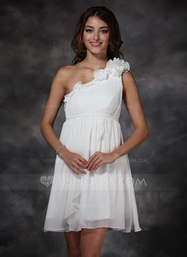 Empire One-Shoulder Short/Mini Chiffon Holiday Dress With Ruffle Flower(s) (020003254)