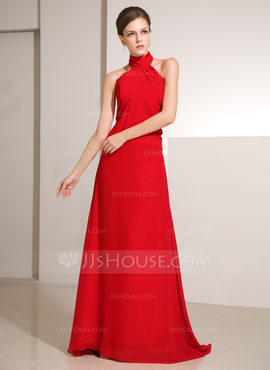 Sheath High Neck Sweep Train Chiffon Holiday Dress With Ruffle (020014242)