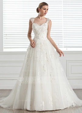 Ball-Gown Sweetheart Court Train Tulle Wedding Dress With Beadwork Appliques Flower(s) (002005283)