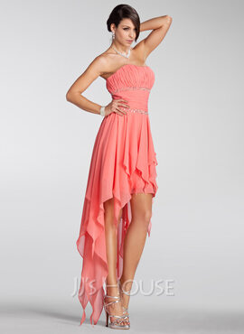 A-Line/Princess Strapless Asymmetrical Chiffon Holiday Dress With Ruffle Beading (020005298)