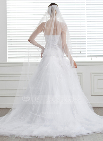 A-Line/Princess Sweetheart Chapel Train Satin Tulle Wedding Dress With Lace Beadwork (002004771)