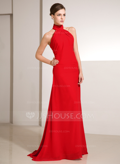 Sheath High Neck Sweep Train Chiffon Holiday Dress With Ruffle (020014242)