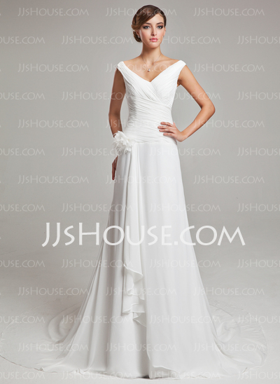 A-Line/Princess V-neck Chapel Train Chiffon Satin Wedding Dress With Ruffle Feather Flower(s) (002011459)