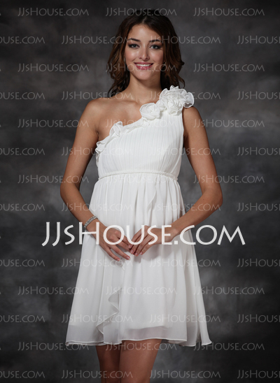 Empire One-Shoulder Short/Mini Chiffon Holiday Dress With Ruffle Flower(s) (020003254)