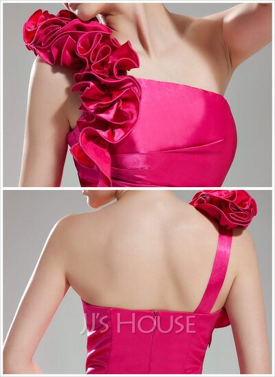 Sheath One-Shoulder Knee-Length Charmeuse Homecoming Dress With Ruffle Flower(s) (022003371)