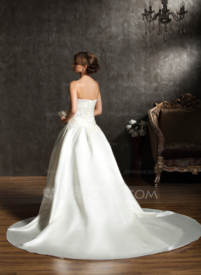 Ball-Gown Sweetheart Chapel Train Satin Wedding Dress With Ruffle Beadwork (002011522)