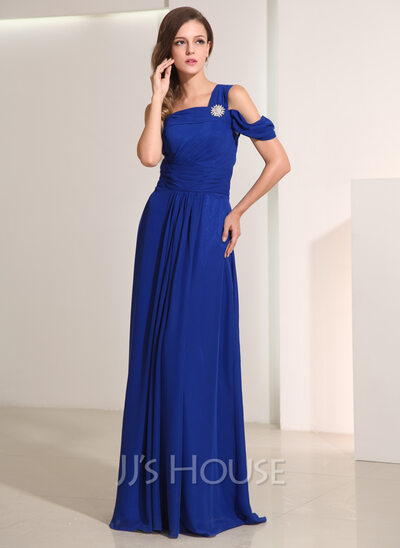 A-Line/Princess One-Shoulder Floor-Length Chiffon Holiday Dress With Crystal Brooch (020014193)