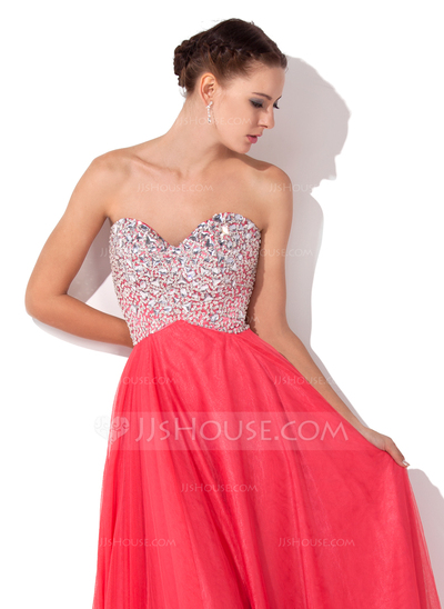 A-Line/Princess Sweetheart Floor-Length Tulle Charmeuse Prom Dress With Beading (018004812)