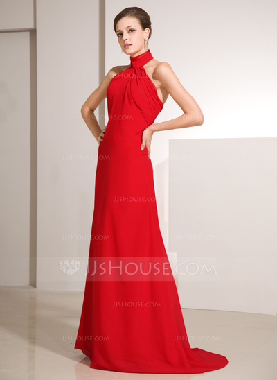 Sheath High Neck Sweep Train Chiffon Holiday Dress With Ruffle (020014242)