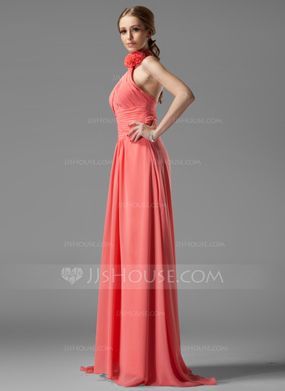 A-Line/Princess Halter Sweep Train Chiffon Bridesmaid Dress With Ruffle Flower(s) (007004138)