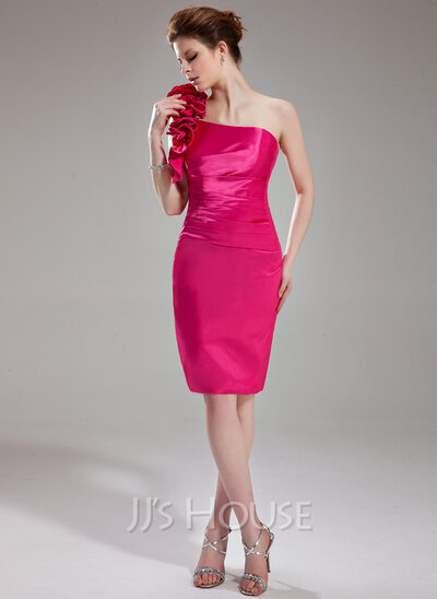 Sheath One-Shoulder Knee-Length Charmeuse Homecoming Dress With Ruffle Flower(s) (022003371)