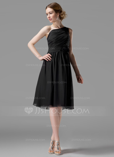 A-Line/Princess One-Shoulder Knee-Length Chiffon Bridesmaid Dress With Ruffle Flower(s) (007004118)