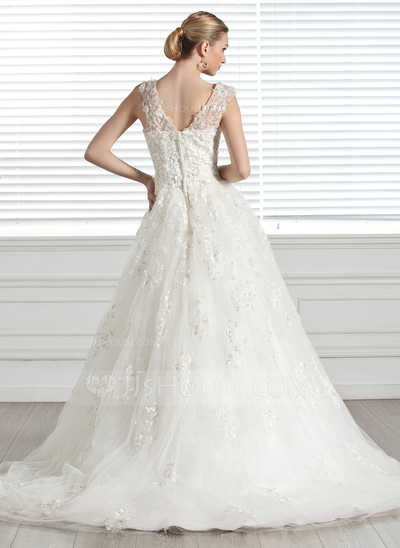 Ball-Gown Sweetheart Court Train Tulle Wedding Dress With Beadwork Appliques Flower(s) (002005283)