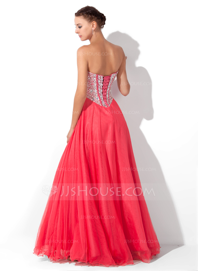 A-Line/Princess Sweetheart Floor-Length Tulle Charmeuse Prom Dress With Beading (018004812)