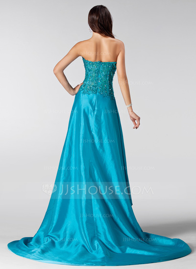 A-Line/Princess Sweetheart Court Train Taffeta Tulle Prom Dress With Lace Beading Sequins (018020582)