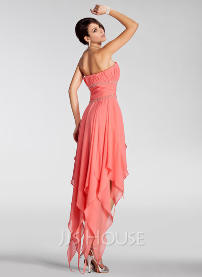 A-Line/Princess Strapless Asymmetrical Chiffon Holiday Dress With Ruffle Beading (020005298)