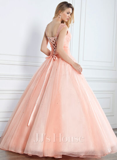 Ball-Gown V-neck Floor-Length Organza Satin Quinceanera Dress With Ruffle Beading Sequins (021002897)