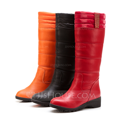 Leatherette Low Heel Platform Knee High Boots With Rhinestone shoes (088033006) - JJsHouse