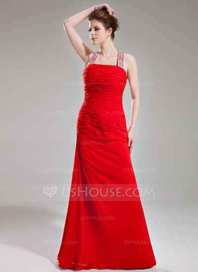 Sheath Halter Floor-Length Chiffon Evening Dress With Ruffle Beading Sequins (017002264)