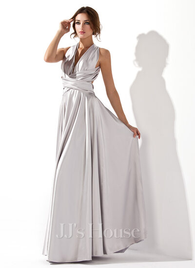A-Line/Princess V-neck Floor-Length Charmeuse Evening Dress With Ruffle (017020657)