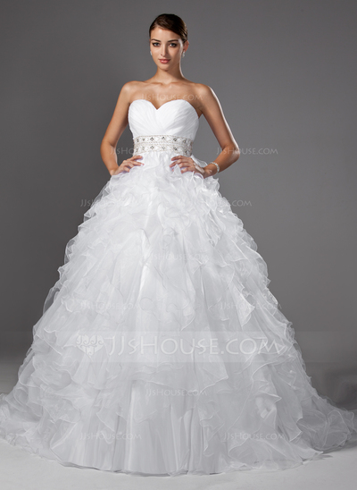 Ball-Gown Sweetheart Chapel Train Organza Satin Wedding Dress With Ruffle Beadwork (002004753)