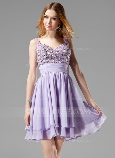 A-Line/Princess V-neck Knee-Length Chiffon Homecoming Dress With Ruffle Beading Sequins (022004341)