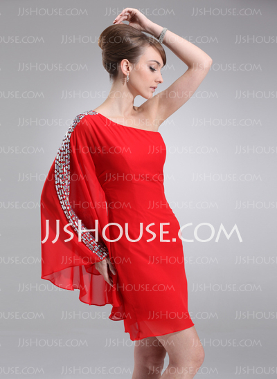 Sheath One-Shoulder Short/Mini Chiffon Cocktail Dress With Beading (016008327)