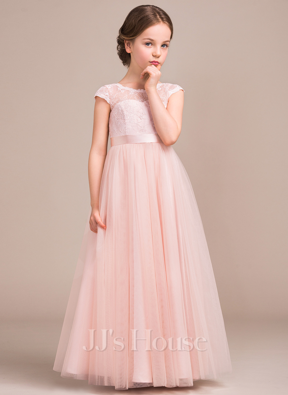 ALine/Princess Scoop Neck FloorLength Tulle Lace Junior Bridesmaid