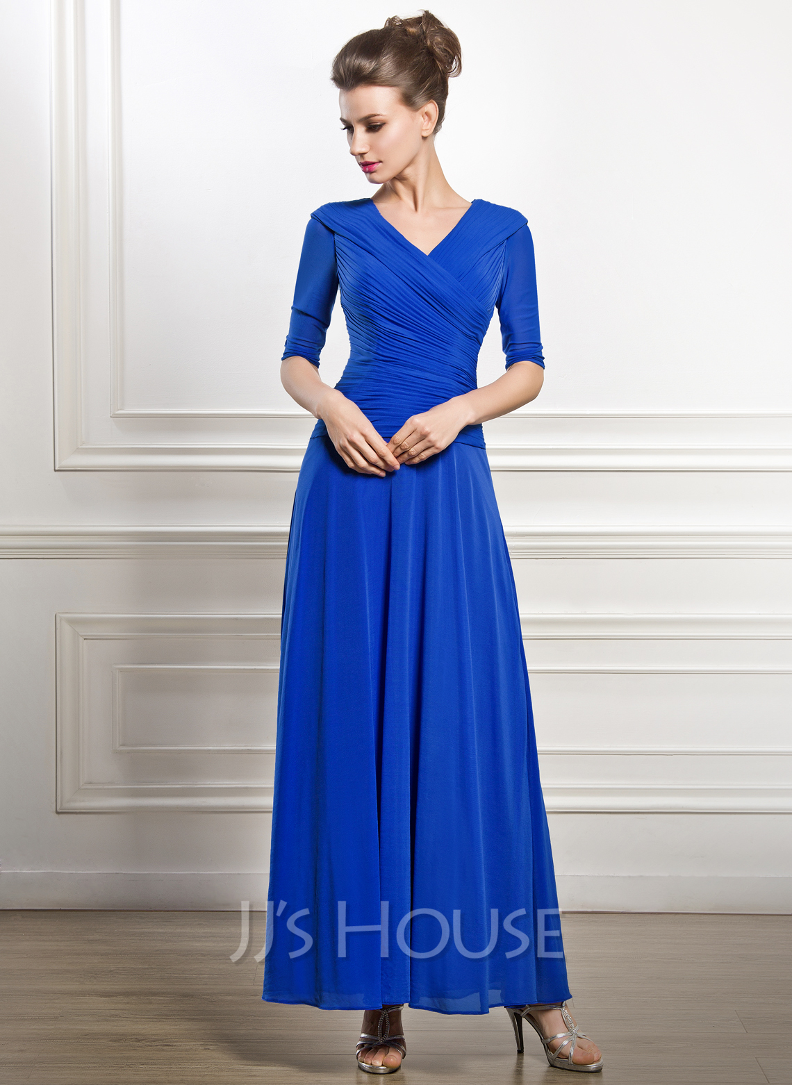 ALine/Princess Vneck AnkleLength Jersey Mother of the Bride Dress
