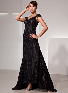 Mermaid V-neck Asymmetrical Charmeuse Lace Evening Dress With Beading (017025833)