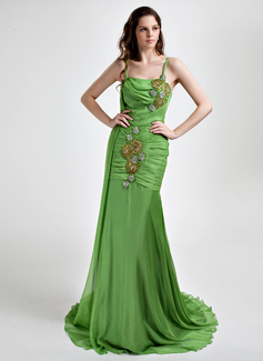 Mermaid Cowl Neck Court Train Chiffon Prom Dress With Ruffle Beading (018015804)