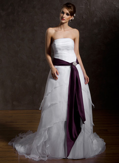 A-Line/Princess Strapless Court Train Organza Satin Wedding Dress With Ruffle Sashes Crystal Brooch (002012226)