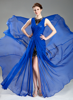 A-Line/Princess Scoop Neck Court Train Chiffon Evening Dress With Ruffle Lace (017019766)
