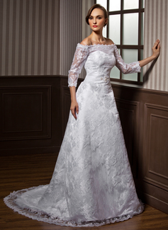 A-Line/Princess Off-the-Shoulder Court Train Satin Lace Wedding Dress With Lace Beadwork (002000115)