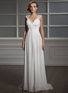 Empire V-neck Sweep Train Chiffon Tulle Wedding Dress With Ruffle Lace Beadwork (002006371)