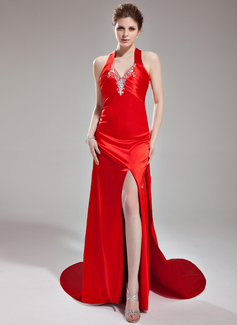 Sheath V-neck Watteau Train Charmeuse Evening Dress With Ruffle Beading (017004347)