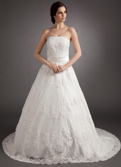 A-Line/Princess Strapless Court Train Satin Lace Wedding Dress With Sashes Beadwork (002012218)