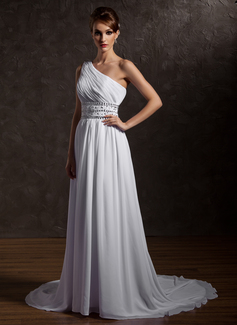 A-Line/Princess One-Shoulder Court Train Chiffon Wedding Dress With Ruffle Beadwork (002012661)