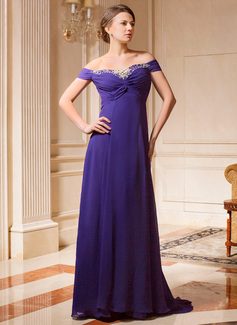 A-Line/Princess Off-the-Shoulder Court Train Chiffon Mother of the Bride Dress With Ruffle Beading (008024461)