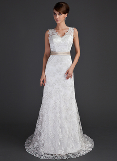Sheath/Column V-neck Court Train Charmeuse Lace Wedding Dress With Sashes Beadwork (002000171)