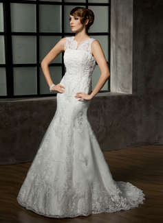Mermaid V-neck Court Train Satin Tulle Wedding Dress With Lace Beadwork (002011589)
