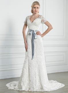 A-Line/Princess V-neck Court Train Satin Lace Wedding Dress With Sashes (002005247)