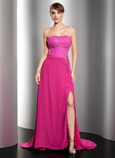 A-Line/Princess Sweetheart Court Train Chiffon Lace Evening Dress With Ruffle Beading (017014545)