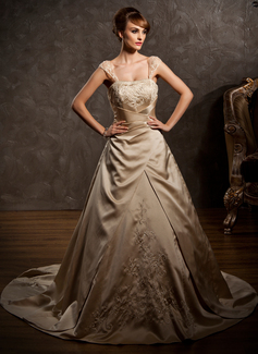 A-Line/Princess Sweetheart Court Train Satin Wedding Dress With Embroidery Ruffle Beadwork (002011554)