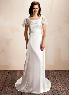 A-Line/Princess Cowl Neck Sweep Train Charmeuse Lace Wedding Dress With Ruffle (002012560)