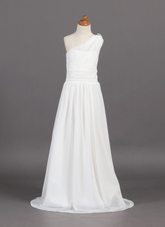 A-Line/Princess One-Shoulder Sweep Train Chiffon Junior Bridesmaid Dress With Ruffle Beading (009001768)