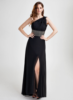 A-Line/Princess One-Shoulder Floor-Length Chiffon Holiday Dress With Ruffle Beading (020015772)