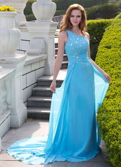 A-Line/Princess One-Shoulder Court Train Chiffon Prom Dress With Ruffle Beading (018024653)