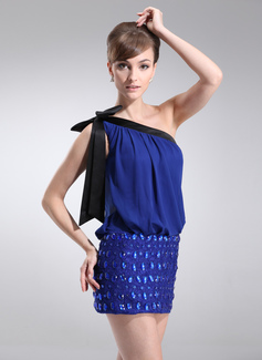 Sheath One-Shoulder Short/Mini Chiffon Cocktail Dress With Ruffle Sash Beading (016008428)