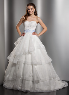 Ball-Gown Sweetheart Chapel Train Organza Satin Wedding Dress With Lace Sashes (002012750)